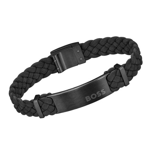 Hugo Boss Jewellery Mens Dylan Black Leather Stainless Steel Plate Bracelet 1580608M