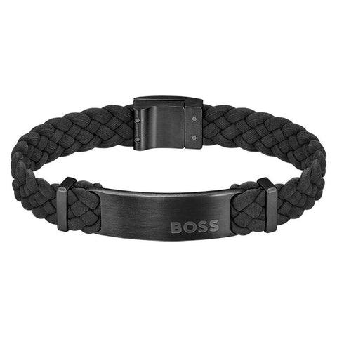 Hugo Boss Jewellery Men's Dylan Black Leather Stainless Steel Plate Bracelet 1580608M