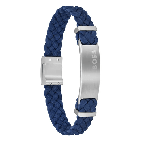 Hugo Boss Jewellery Mens Dylan Navy Blue Leather Stainless Steel Plate Bracelet 1580609M