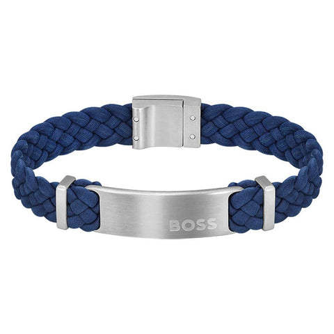 Hugo Boss Jewellery Men's Dylan Navy Blue Leather Stainless Steel Plate Bracelet 1580609M