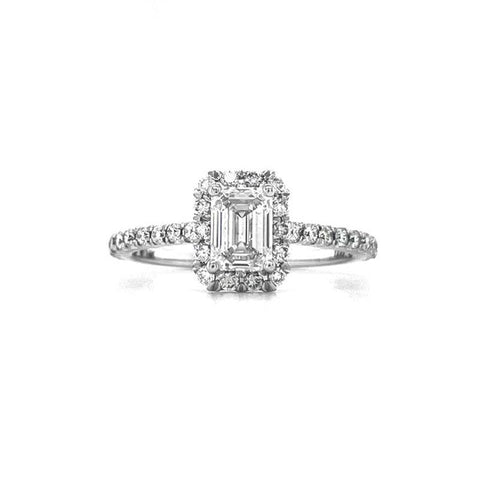 14K White Gold 1.04TDW Emerald Cut Lab Grown Diamond Solitaire Ring with Halo and Sides