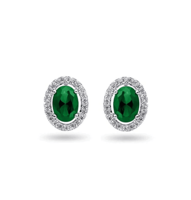 10K White Gold 0.21TDW Diamond & 2.5X3MM Oval Emerald Halo Earrings