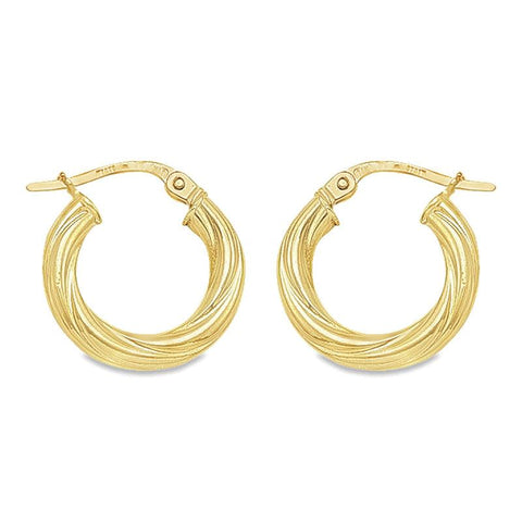 10K, 14K and 18K Yellow Gold Twisted 3mm Tube Hoop Earrings