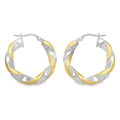 14K Two-Tone Gold Satin Finished Twisted Hoop Earrings