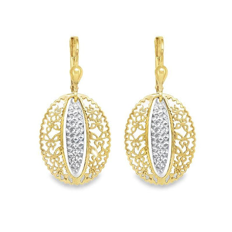 14K Two-Tone Gold Oval Filigree Drop Earrings