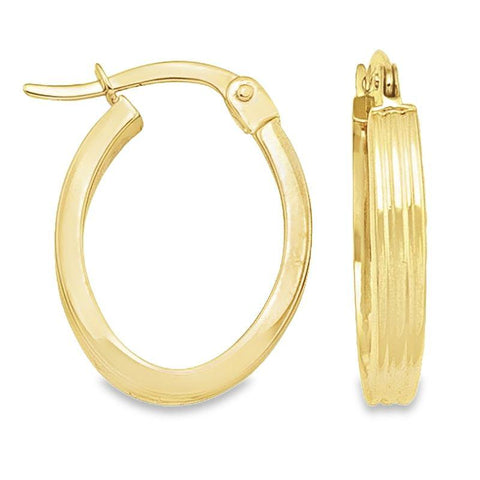 14K Yellow Gold Patterned Oval Hoop Earrings