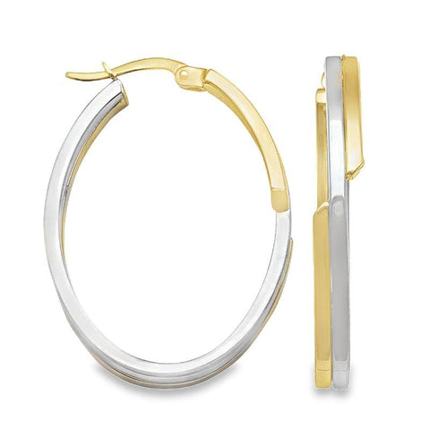 14K Two Tone Gold Oval Fancy Hoop Earrings