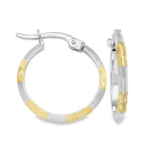 10K Two Tone Gold Patterned Knife Edge Hoop Earrings