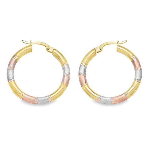 10K Tri-Color Gold Brushed Hoop Earrings