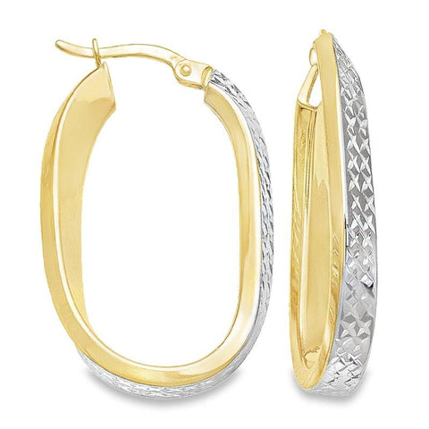 10K Two-Tone Textured Gold Oval Fancy Hoop Earrings