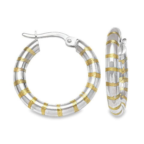 10K Yellow and White Gold 3mm Patterned Hoop Earrings