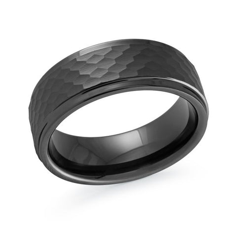 8mm Black Tungsten Wedding Band With Hammered Center Finish