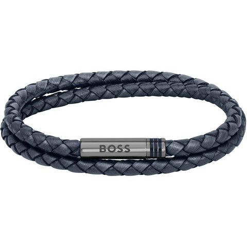 Hugo Boss Jewellery Mens Ares Blue Braided Double Leather Bracelet 1580494M