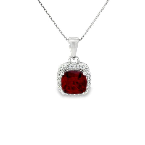 January Birthstone Garnet Color CZ Cushion Pendant In Sterling Silver