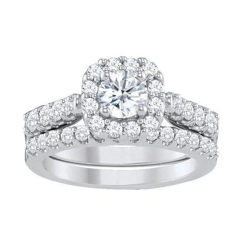 14K White Gold 1.50TDW Diamond Solitaire With Halo and Sides Diamonds Wedding Set