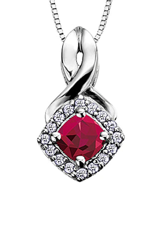 10K White Gold Garnet and Diamond Halo Pendant with Chain