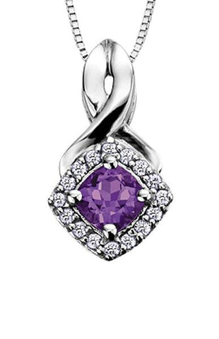 10K White Gold Amethyst and Diamond Halo Pendant with Chain