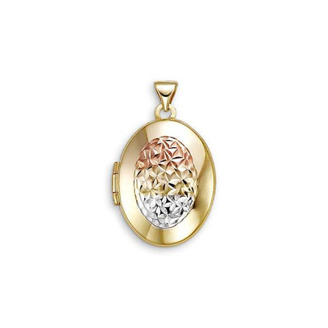 10K Oval Locket With Tri Color Oval Laser Cut Floral Pattern