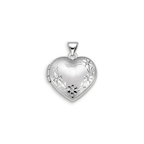 10K White Gold Heart Shaped Etched Floral Locket with Satin Finish